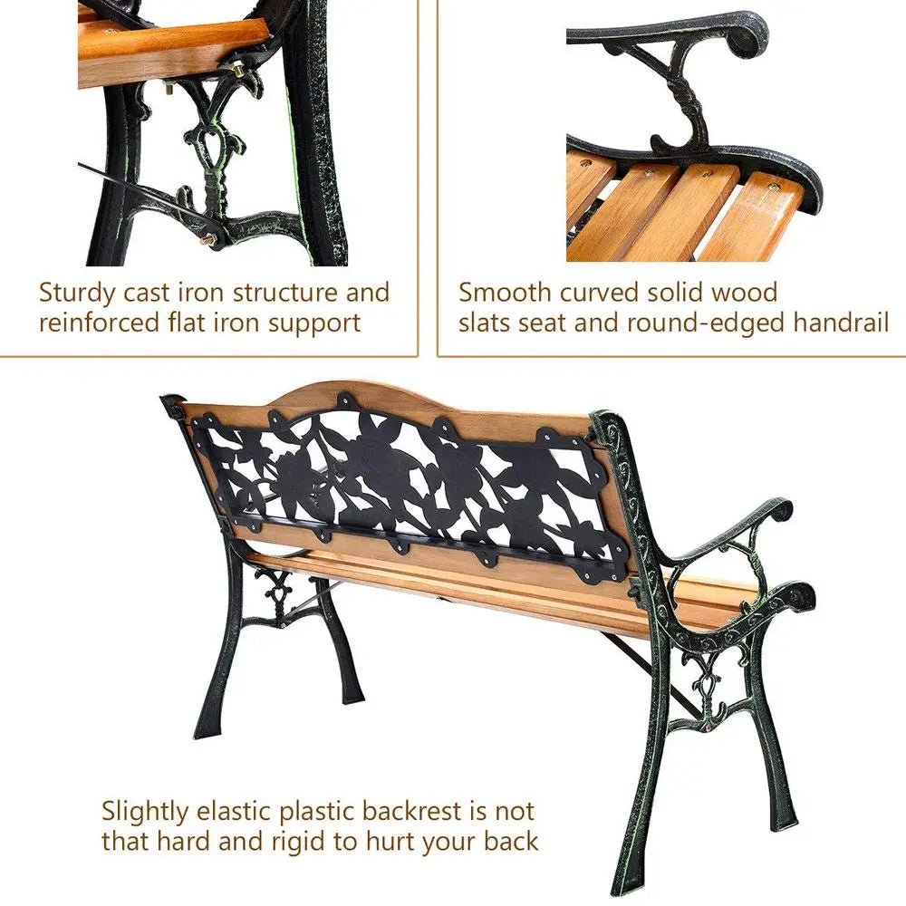 Outdoor Garden Bench With Rose Cast Backrest And Wood Seat