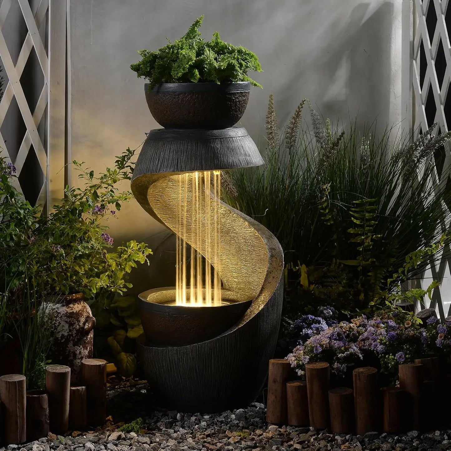 Outdoor S Shaped Water Fountain with Led Lights and Planter