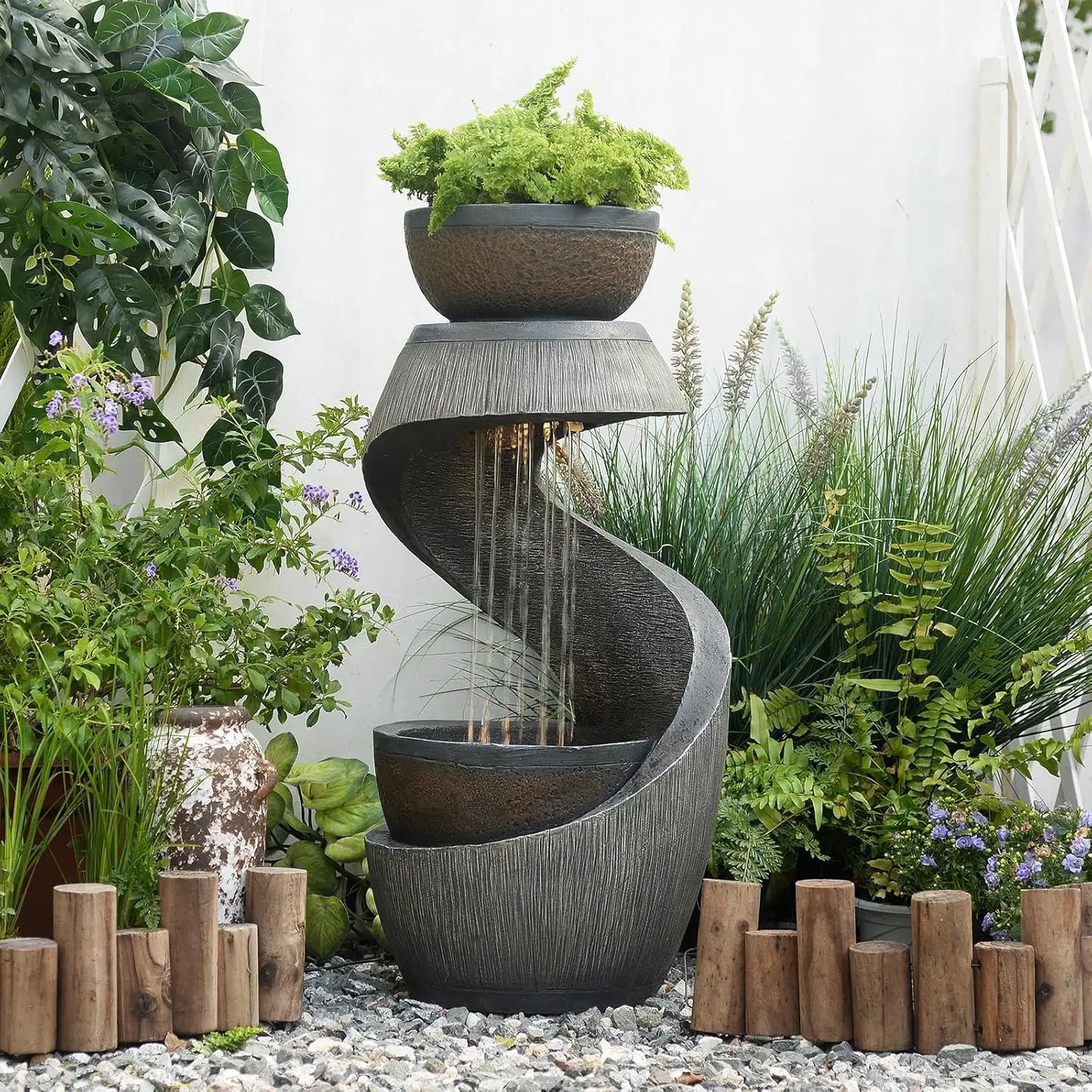 Outdoor S Shaped Water Fountain with Led Lights and Planter