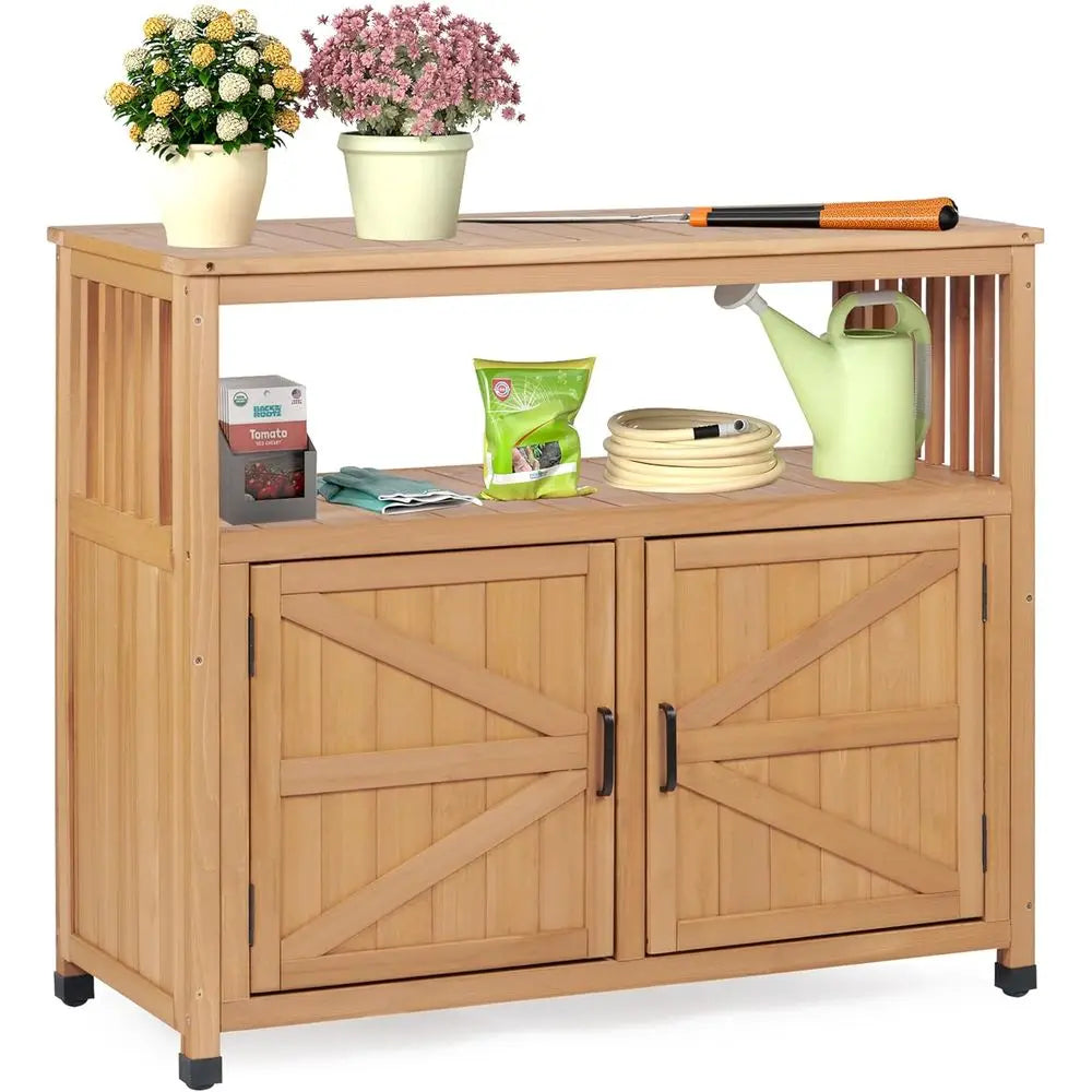 Outdoor Potting Bench With Storage Cabinet And Metal Top