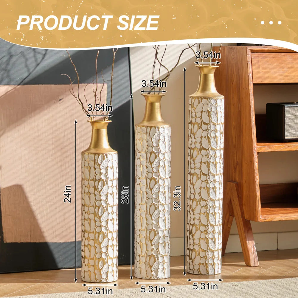 Modern Gold Leaf Pattern Metal Floor Vases Set Home Decor