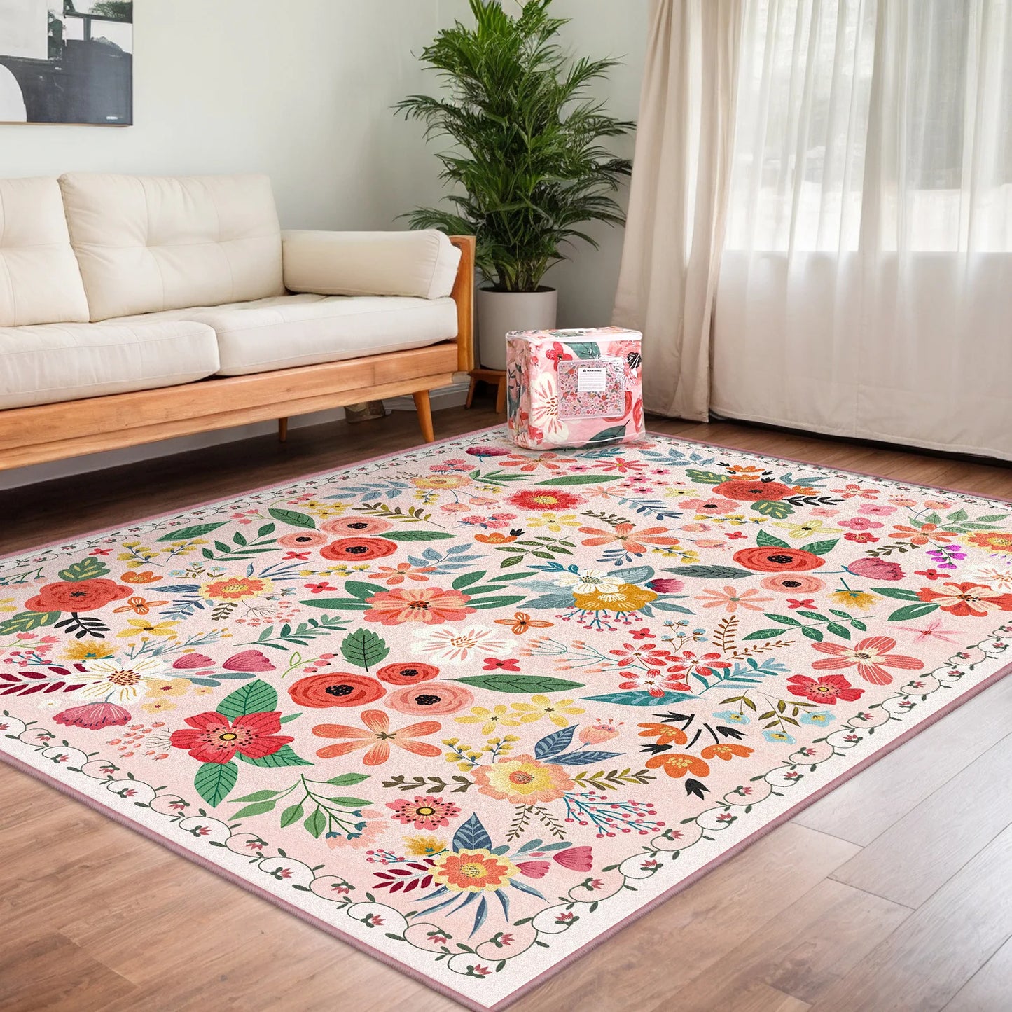 Boho Floral Washable Rug Non Slip Low Pile For Home