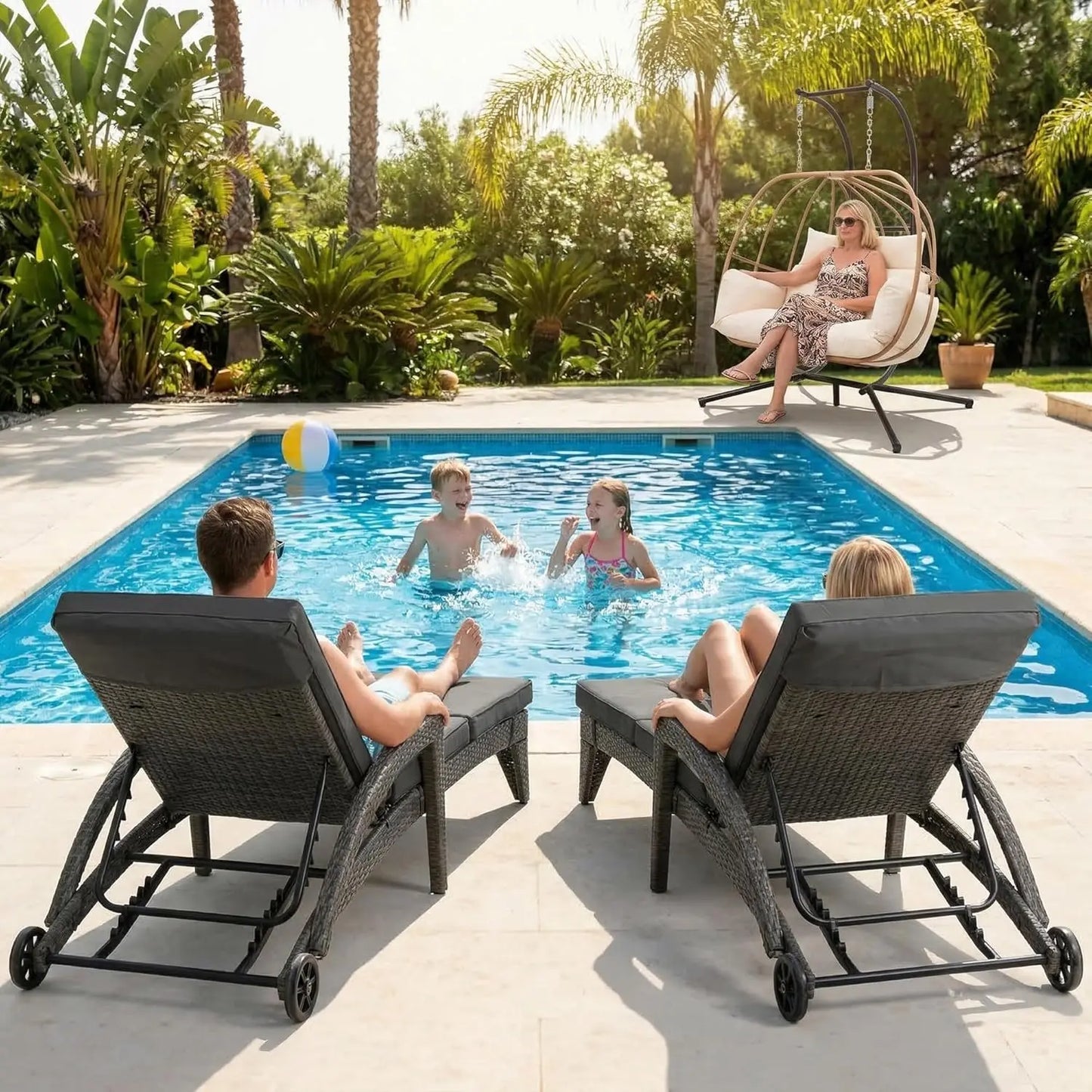 Outdoor Wicker Reclining Chaise Lounge Set 4 Position Adjustable Chairs
