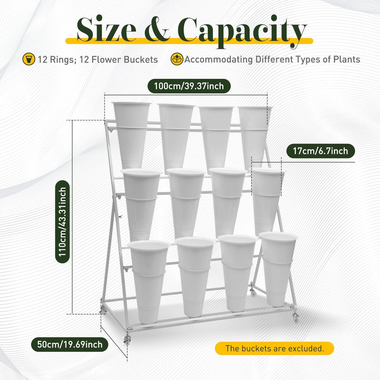 CNCEST Three-Tier Flower Display Stand With 12 Buckets And Wheels