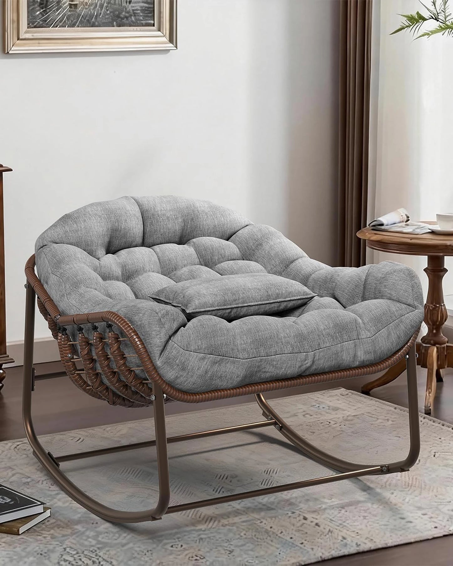 HiMISS Outdoor Papasan Rocking Chair With Cushion Wicker Egg Lounge