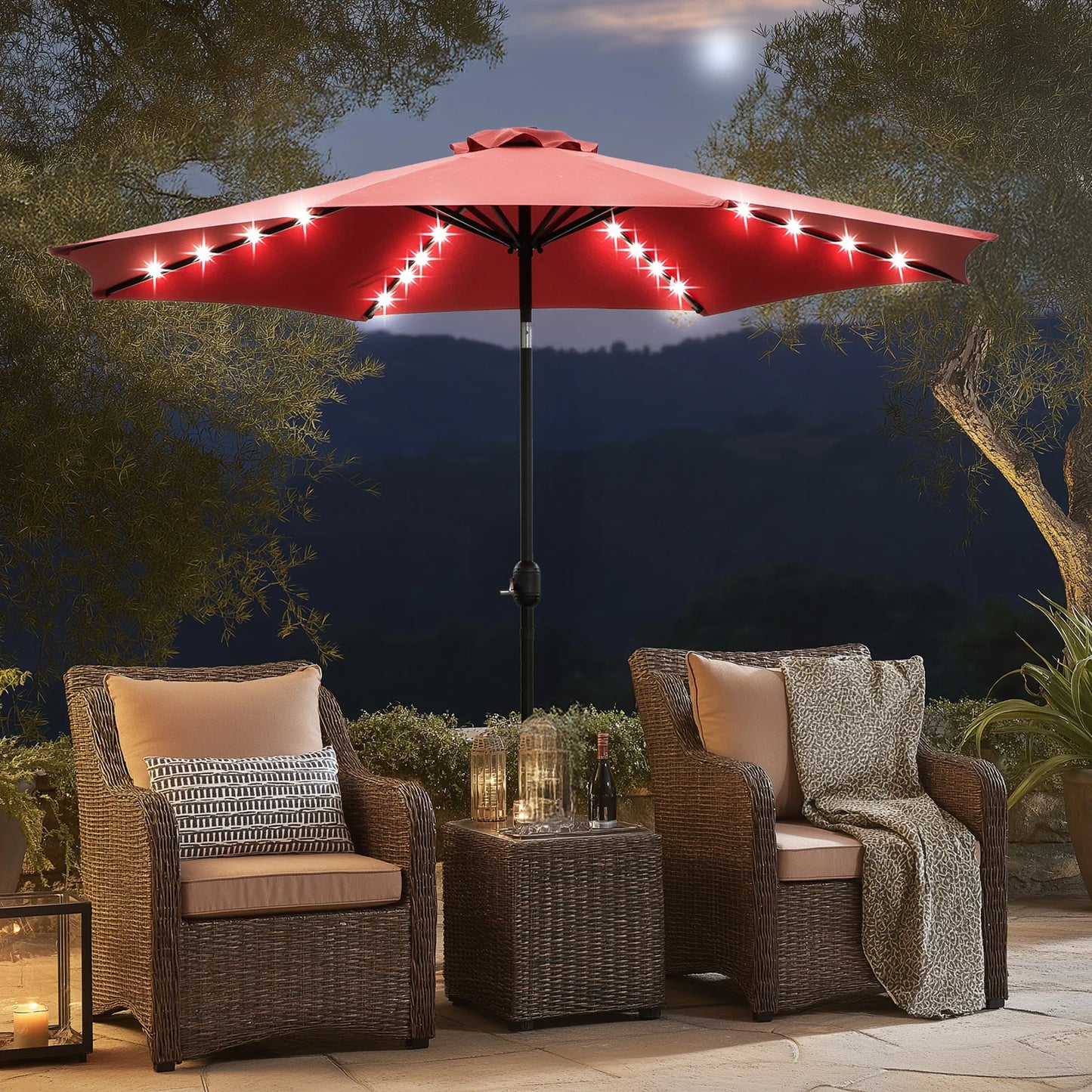 JHK UV-Resistant Solar Patio Umbrella with 32 LED Lights
