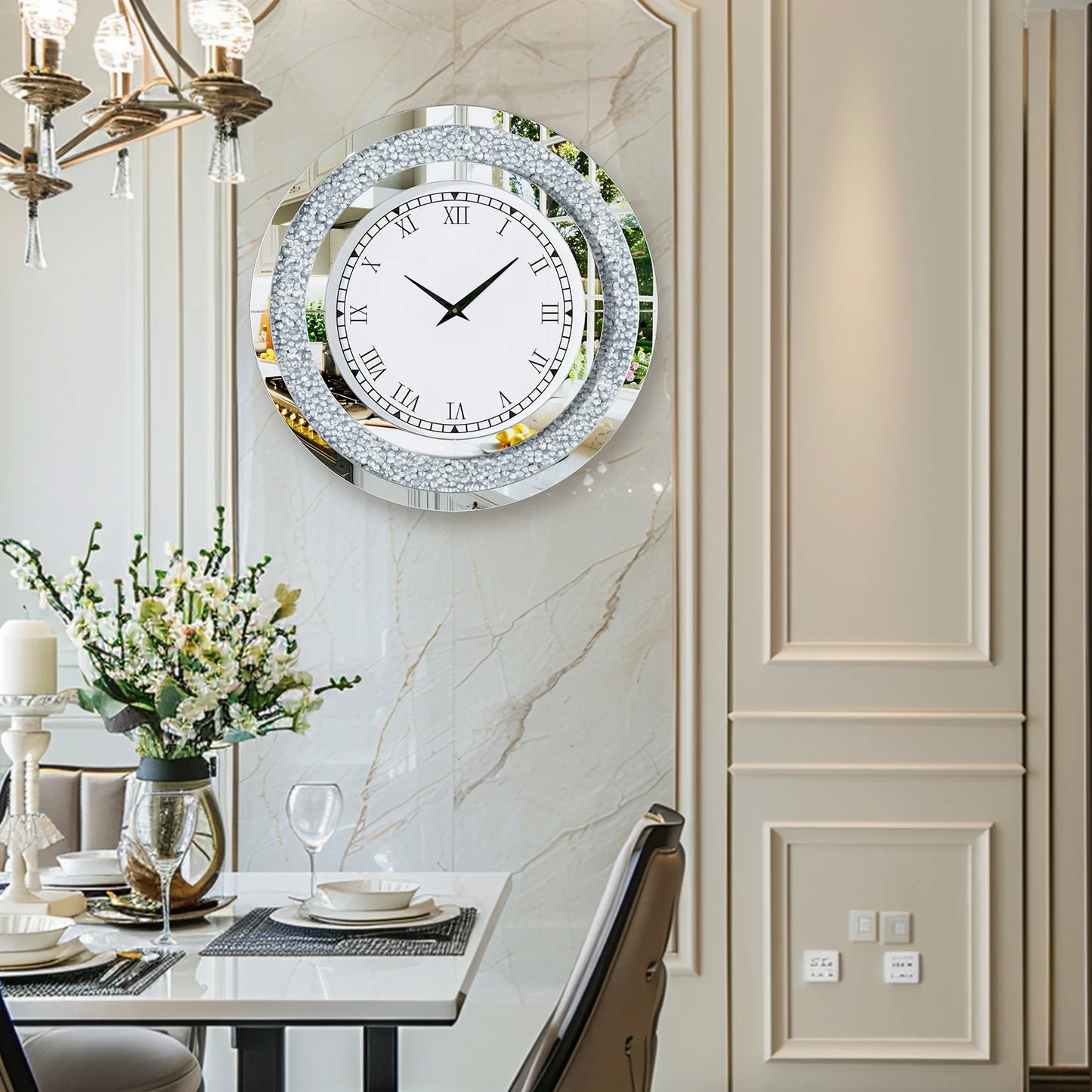 Round Mirror Clock With Crystal Sparkle Accents For Living Room