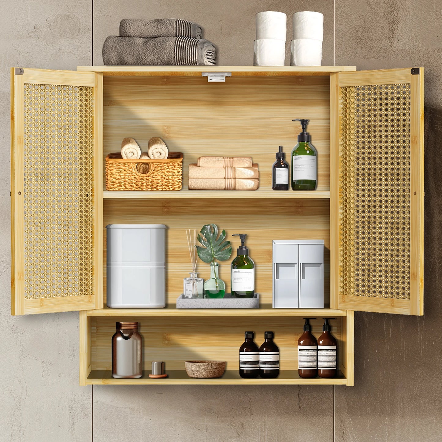 Bamboo Wall Cabinet For Bathroom Storage With 3 Shelves