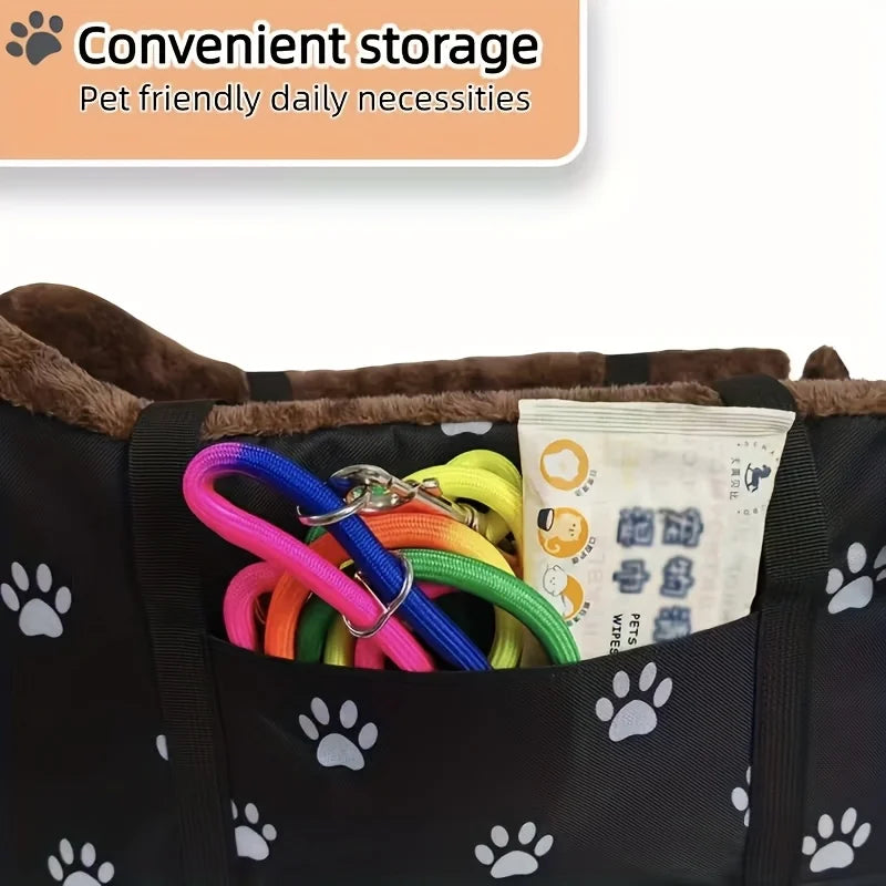 Black Fabric Dog Car Seat Portable Booster Basket PawPrint Headrest