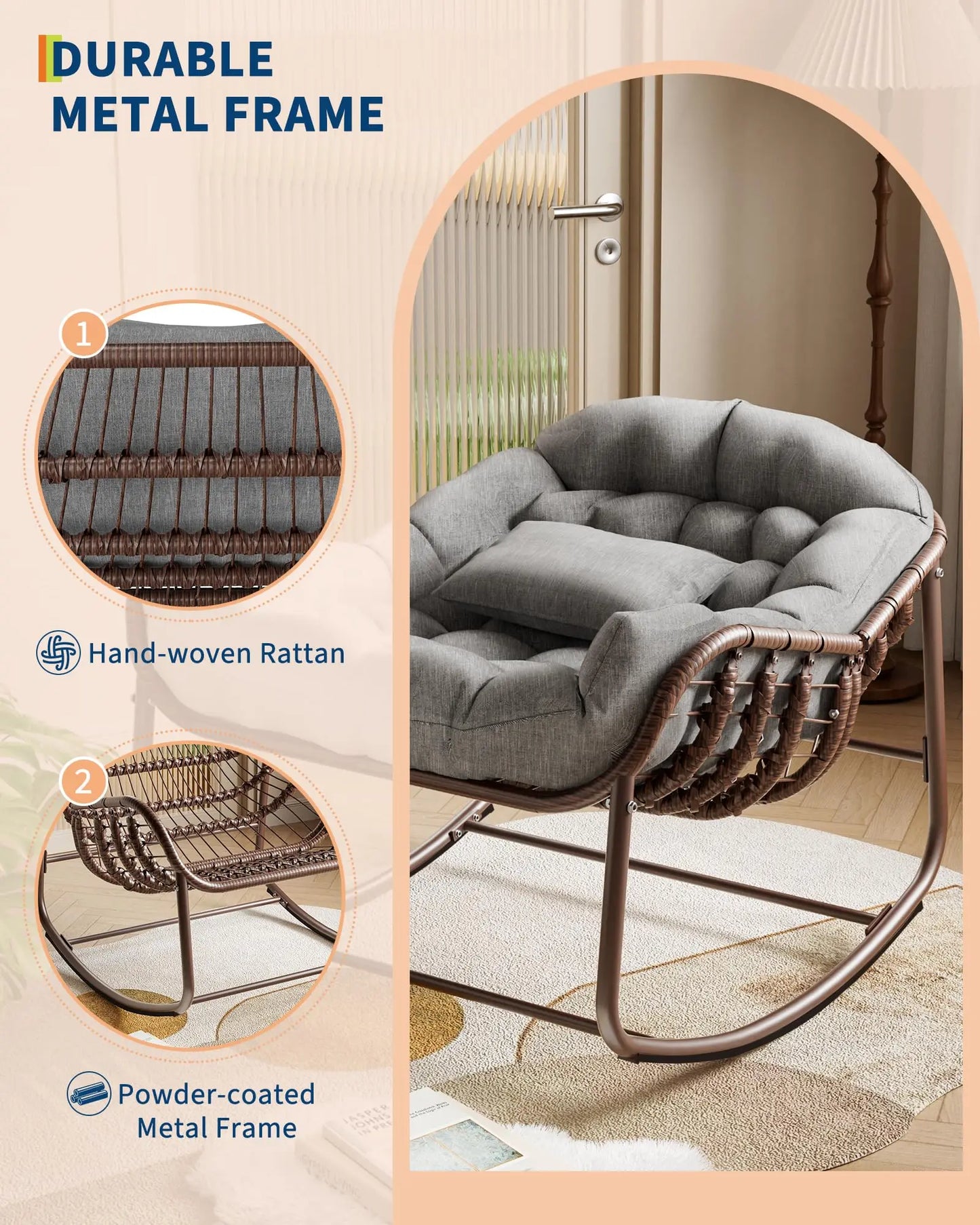 HiMISS Outdoor Papasan Rocking Chair With Cushion Wicker Egg Lounge
