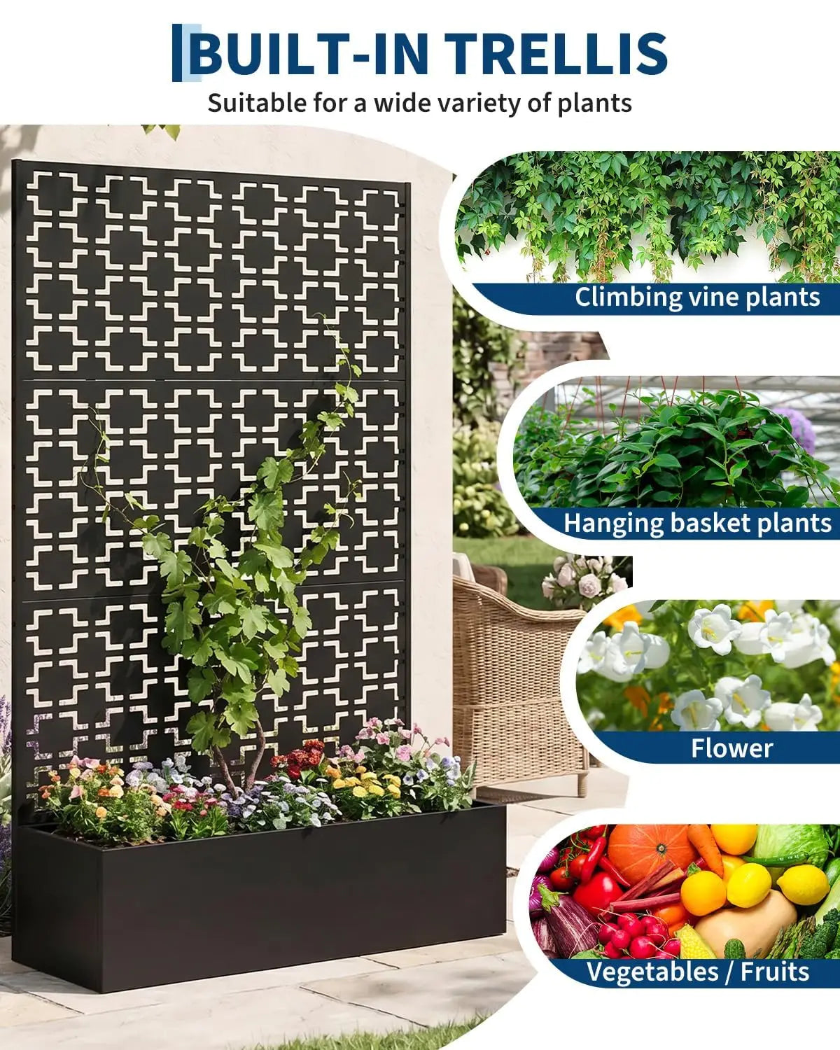 HiMISS Metal Raised Planter Box With Trellis Outdoor Garden