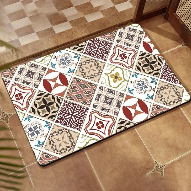Ethnic Persian Grid Diatomite Floor Mat Retro Absorbent Anti Slip