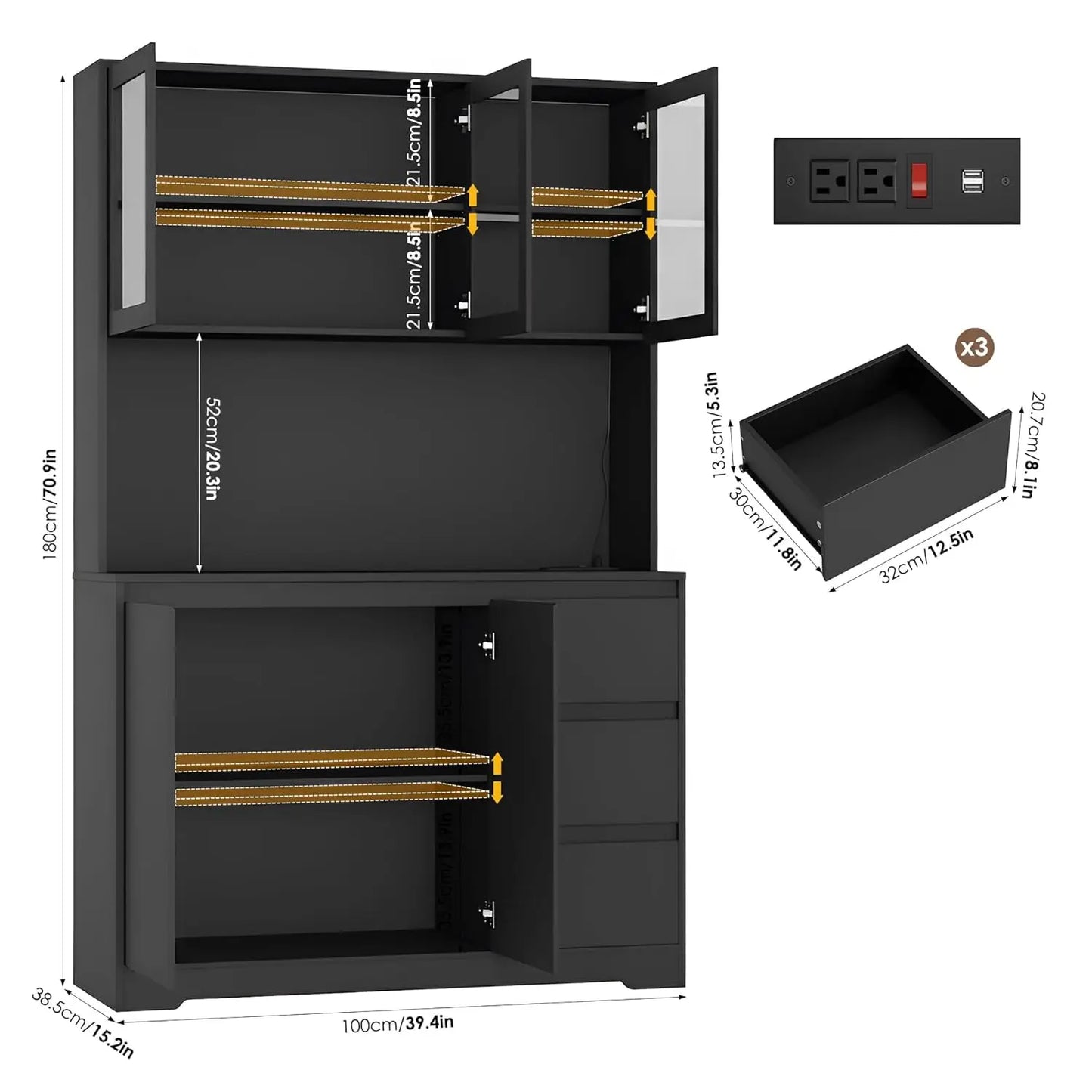 Kitchen Pantry Cabinet With LED Lights And Charging Station