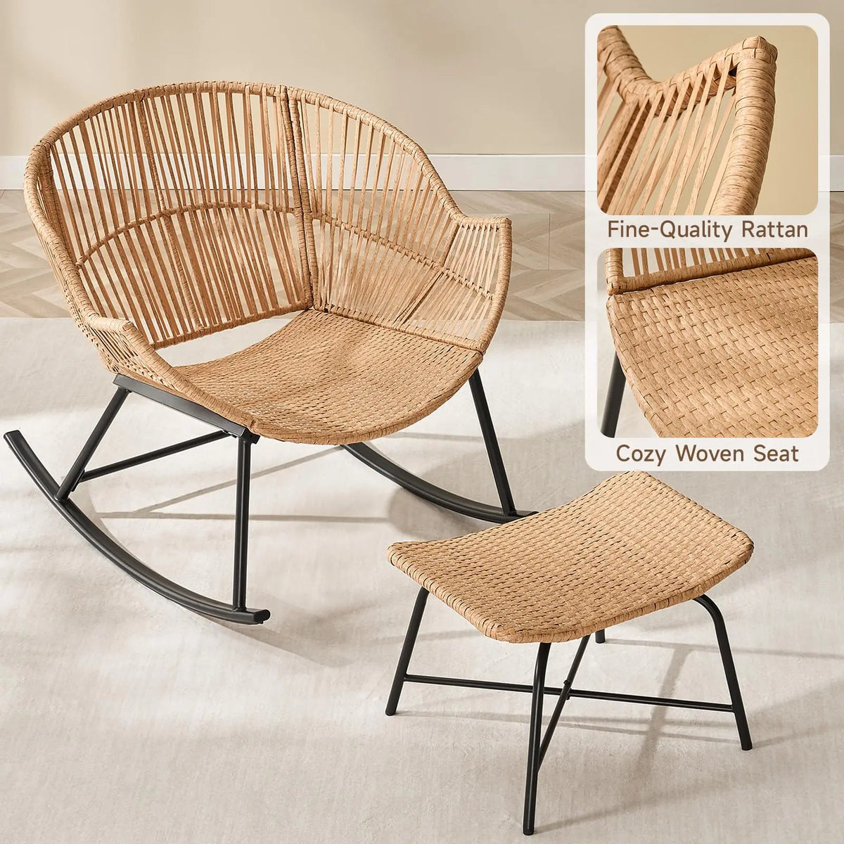 ONBRILL Rattan Papasan Rocking Chair And Ottoman Lounge Set