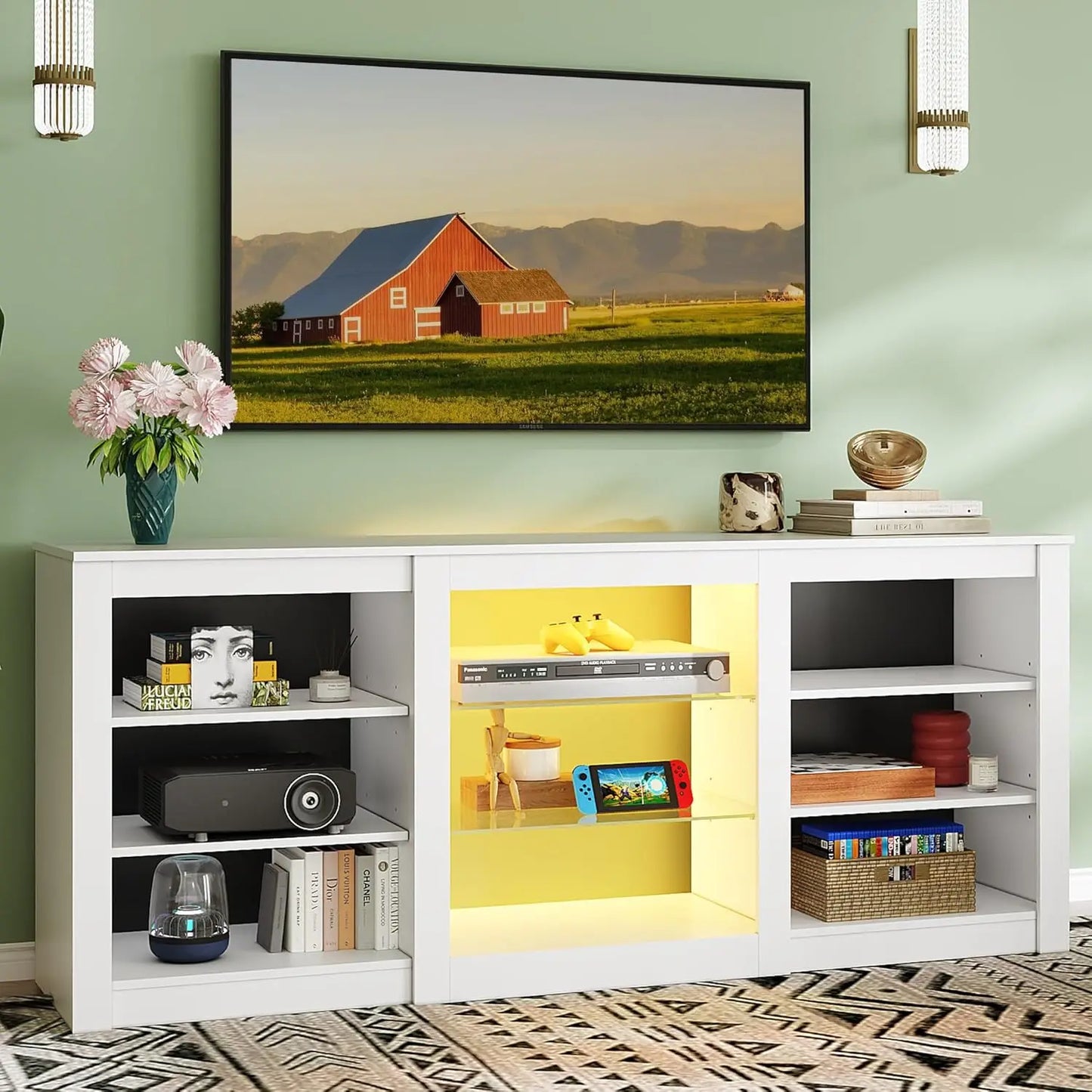 Modern TV Stand With Adjustable Shelves And RGB LED Lighting