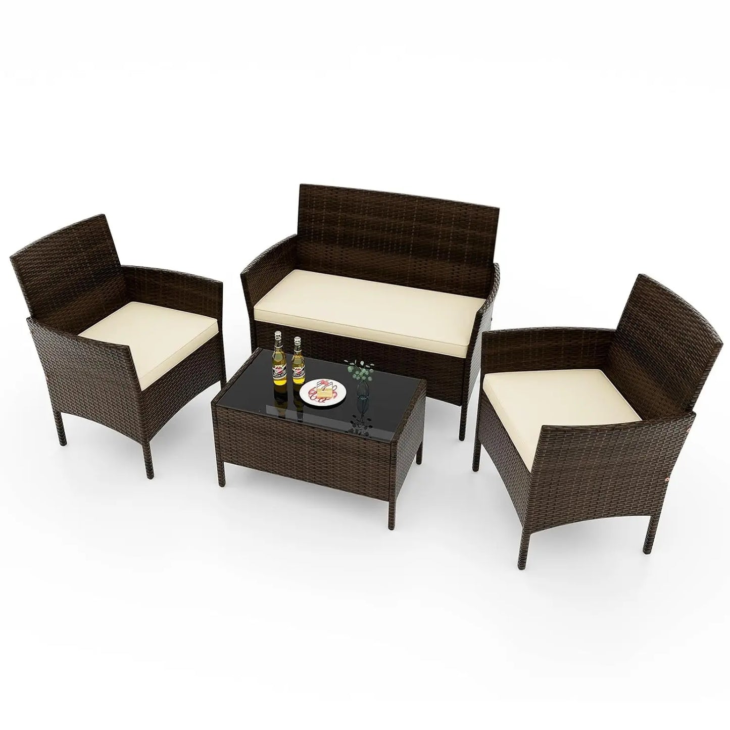 Rattan Outdoor 4-Piece Patio Set With Cushions And Glass Coffee Table