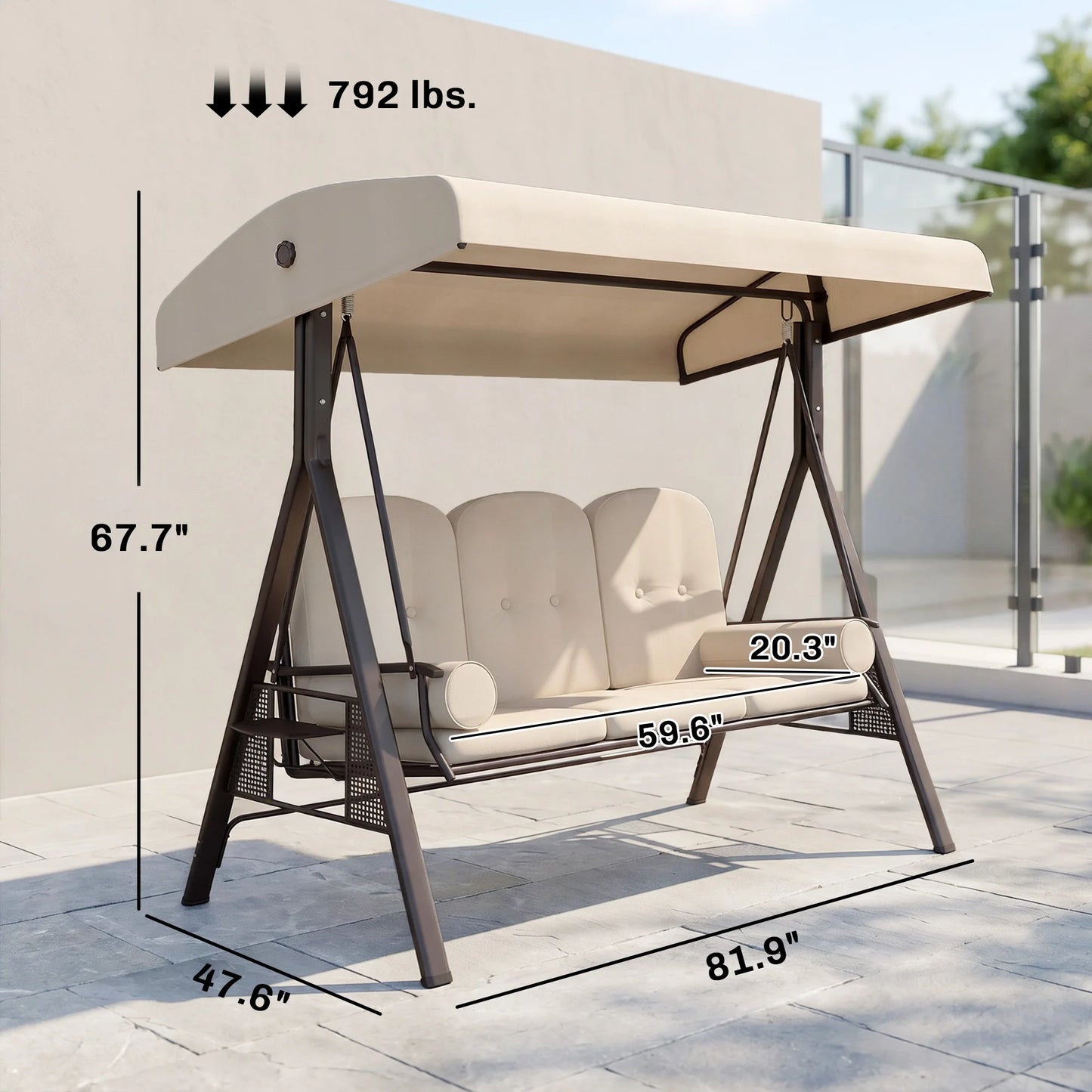 Three Person Outdoor Patio Canopy Cushioned Bench Swing