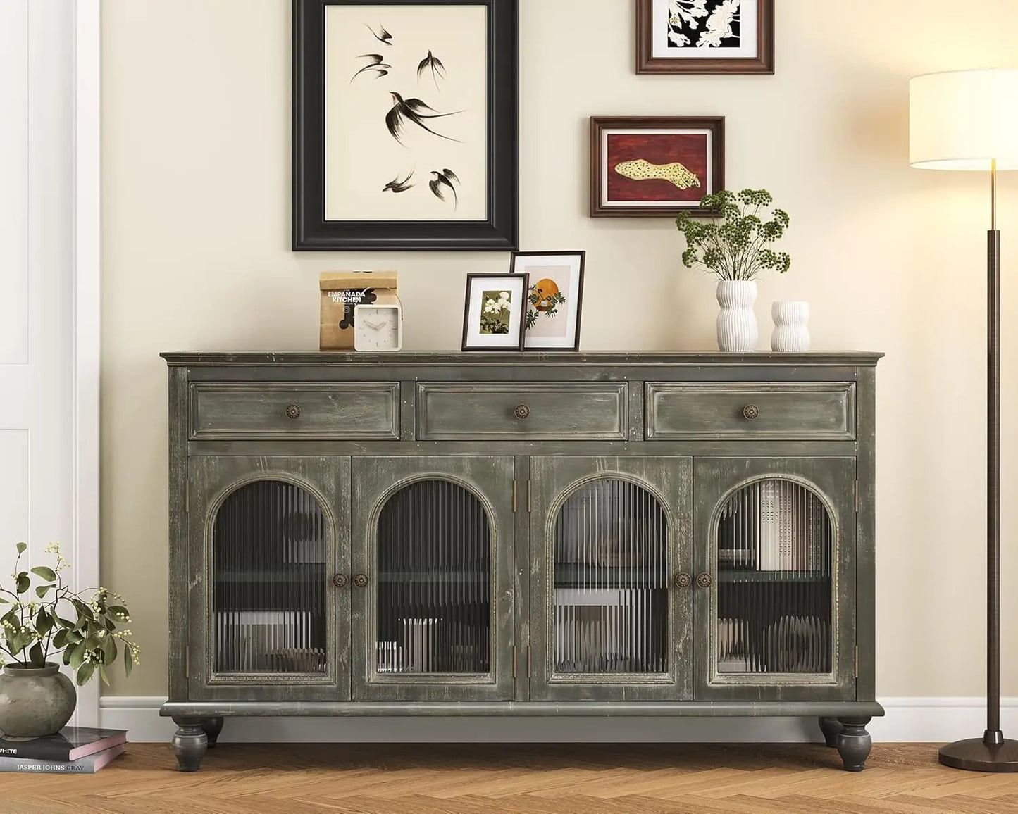 Country Vintage Sideboard Buffet Cabinet With Embossed Floral Metal Doors