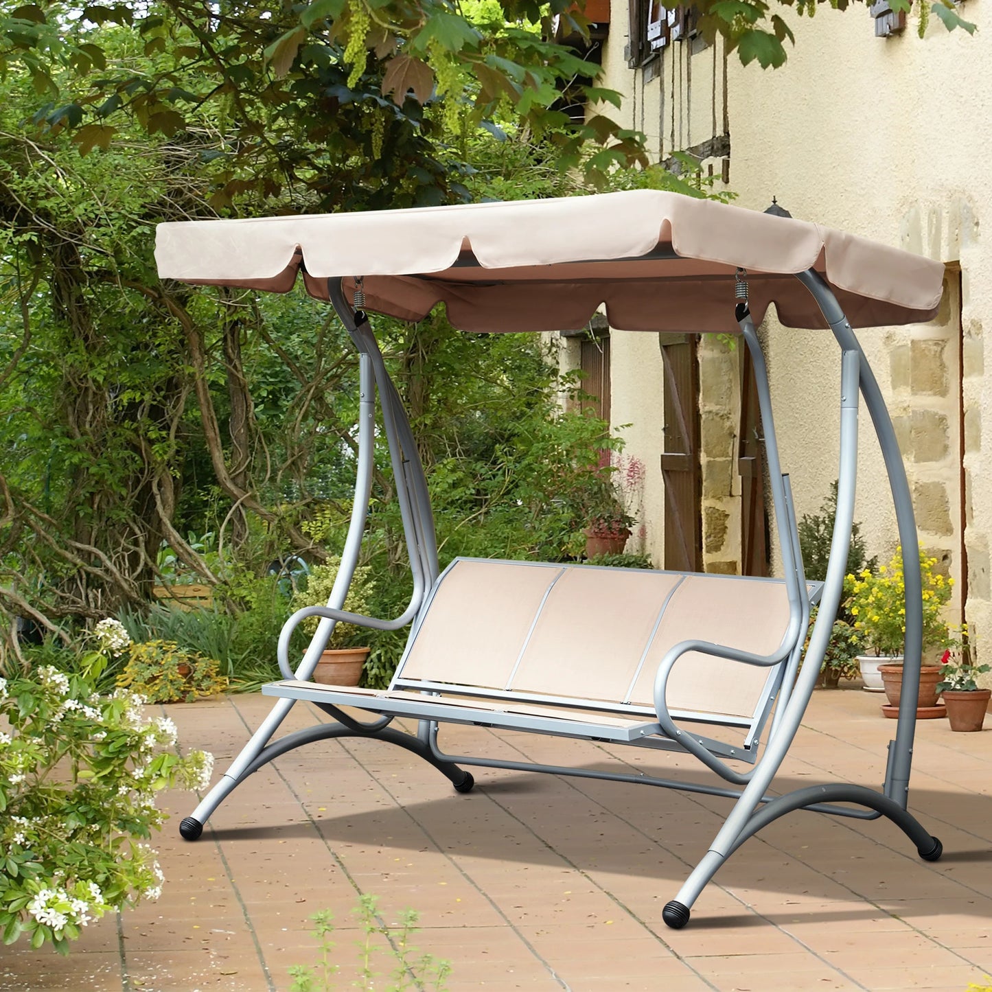 Three-Seat Outdoor Porch Swing Chair Glider With Adjustable Canopy