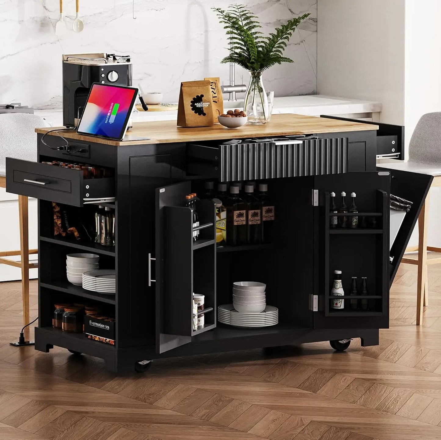 Rolling Kitchen Island With Power Outlet And Drop Leaf