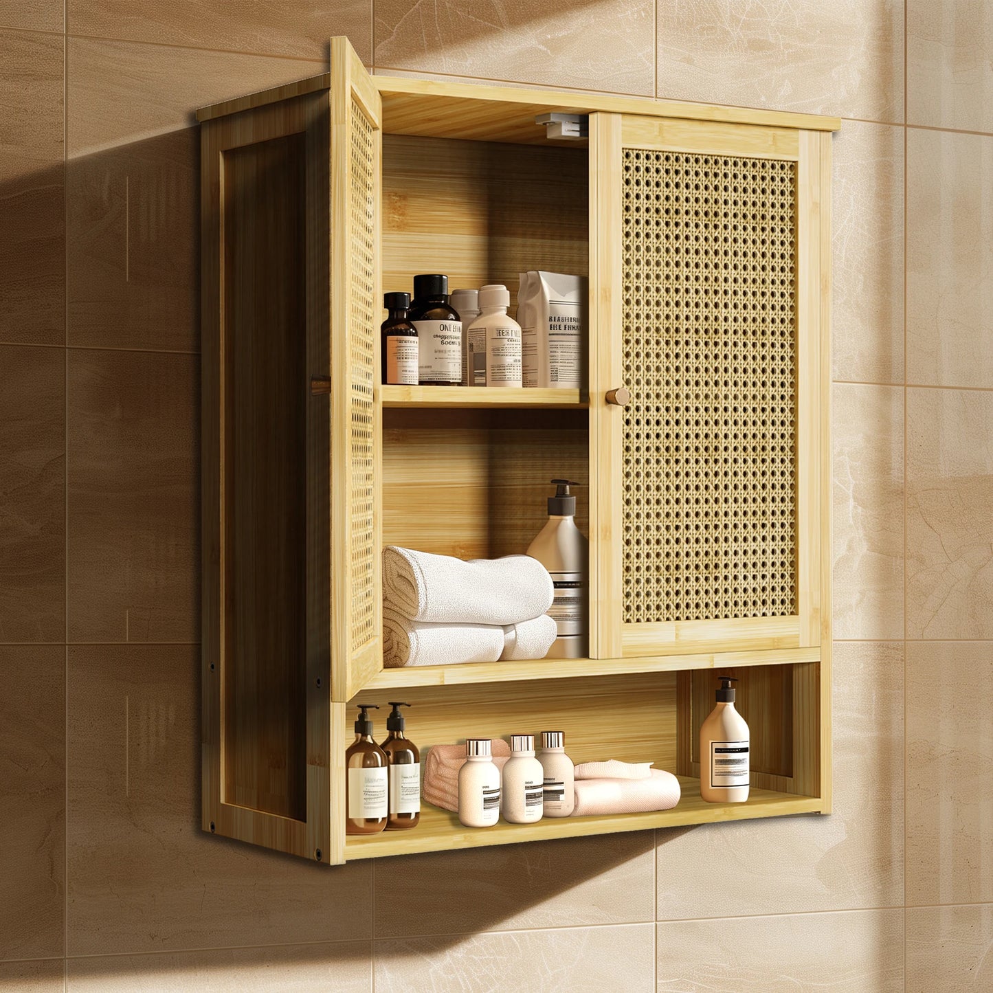Bamboo Wall Cabinet For Bathroom Storage With 3 Shelves