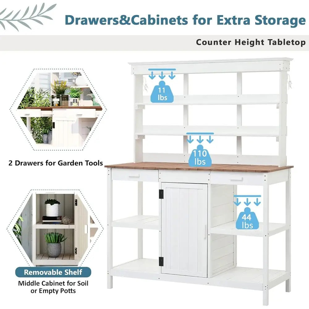 Outdoor Wooden Potting Bench Garden Workstation With Cabinet And Open Shelves