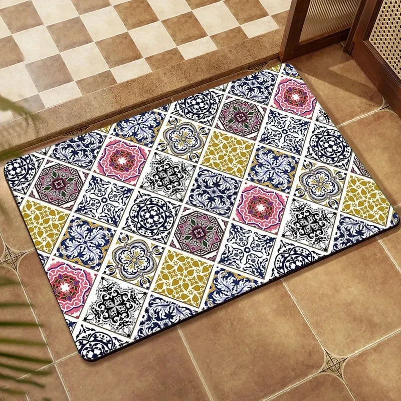 Ethnic Persian Grid Diatomite Floor Mat Retro Absorbent Anti Slip