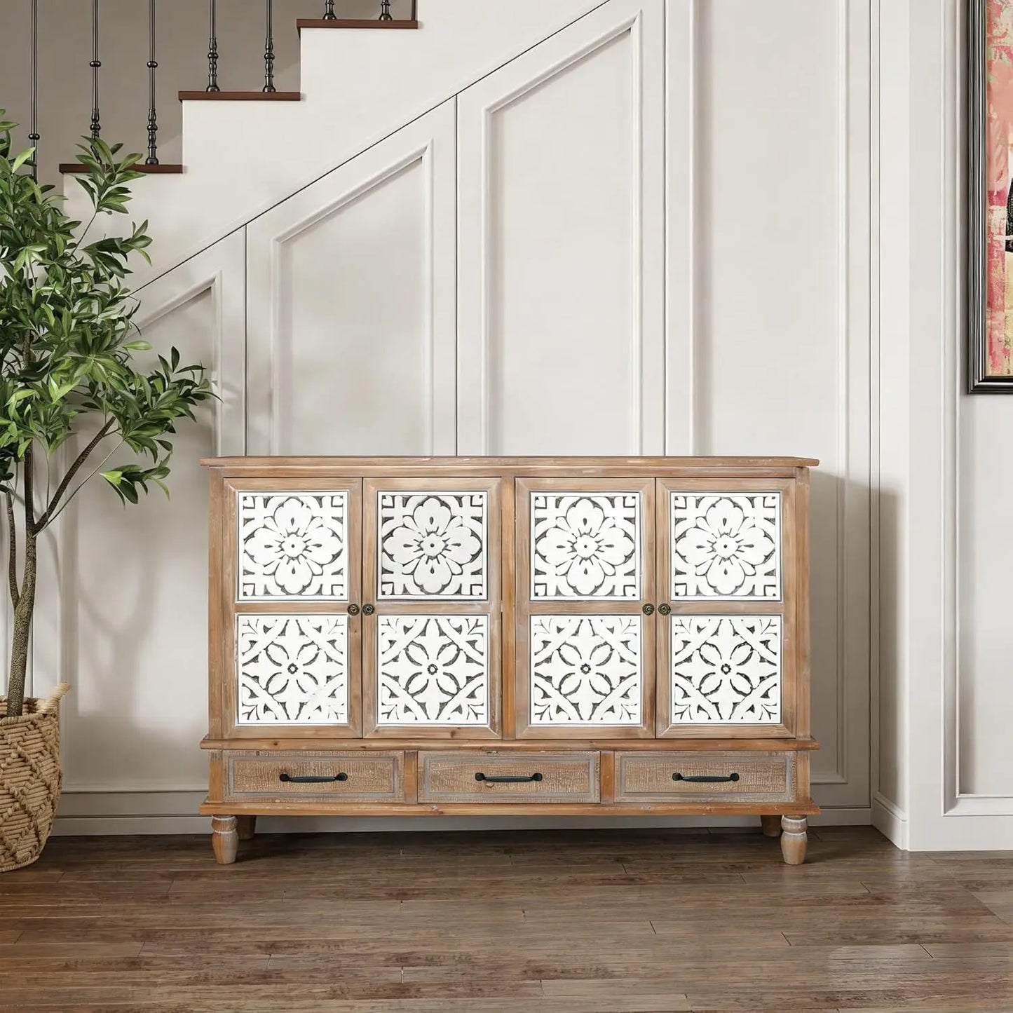 Country Vintage Sideboard Buffet Cabinet With Embossed Floral Metal Doors