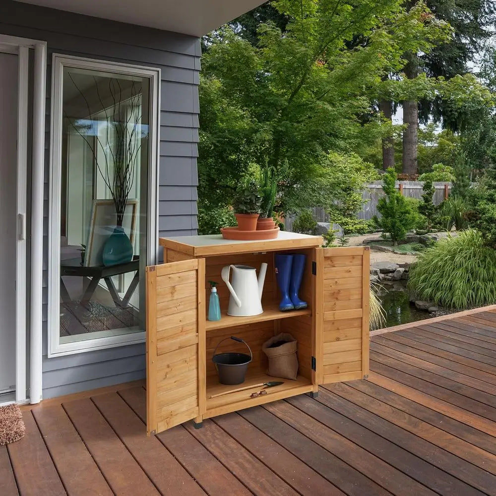 Wooden Outdoor Garden Potting Bench With Metal Tabletop And Cabinet