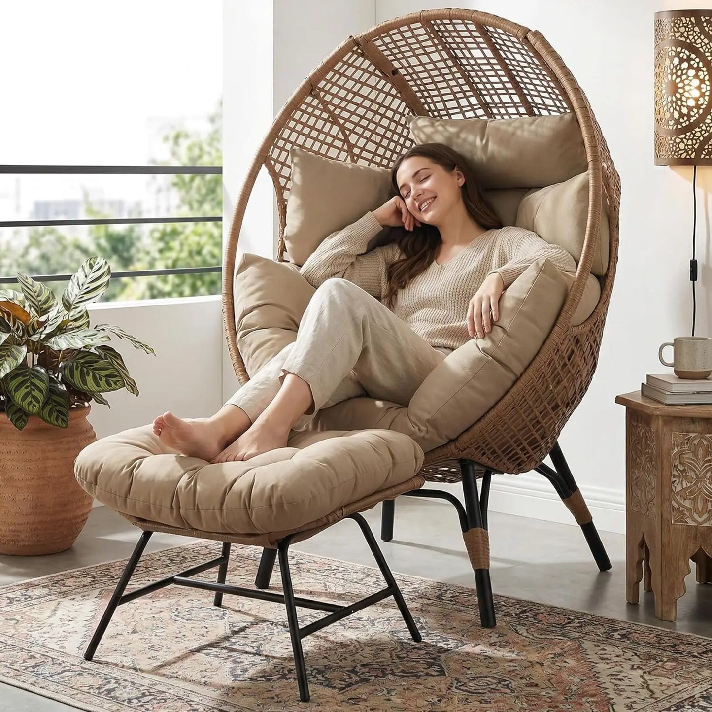 Indoor Outdoor Egg Chair With Ottoman Cushioned Lounge Footrest
