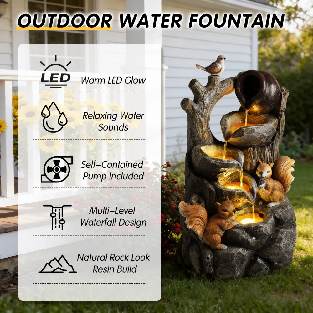 Squirrel Tree Stump Waterfall Fountain With Lights For Garden Patio