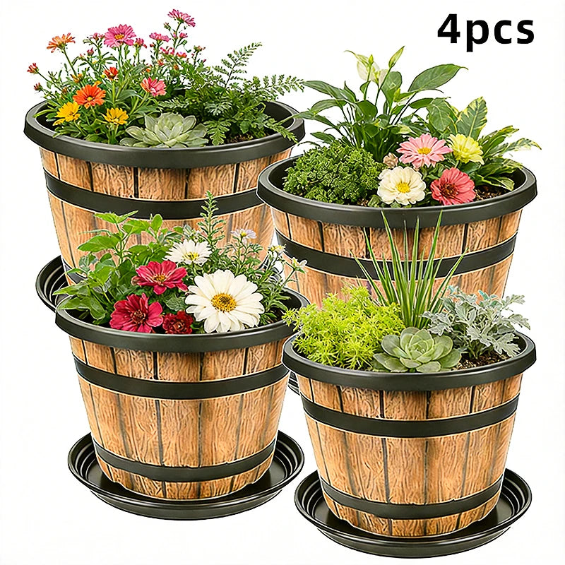 Indoor Resin Planter Barrel Style Flower Pot For Home Balcony