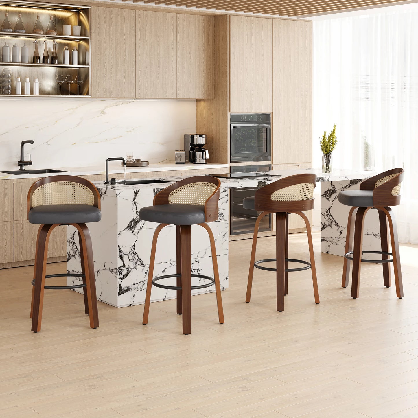 FARINI 2 Bar Stools With Rattan Back And PU Leather