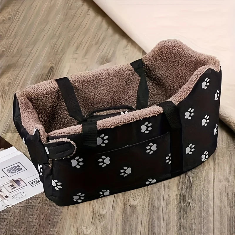 Black Fabric Dog Car Seat Portable Booster Basket PawPrint Headrest