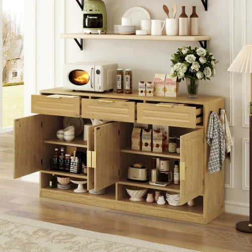 Farmhouse Style Sideboard With 3 Drawers And Open Shelves