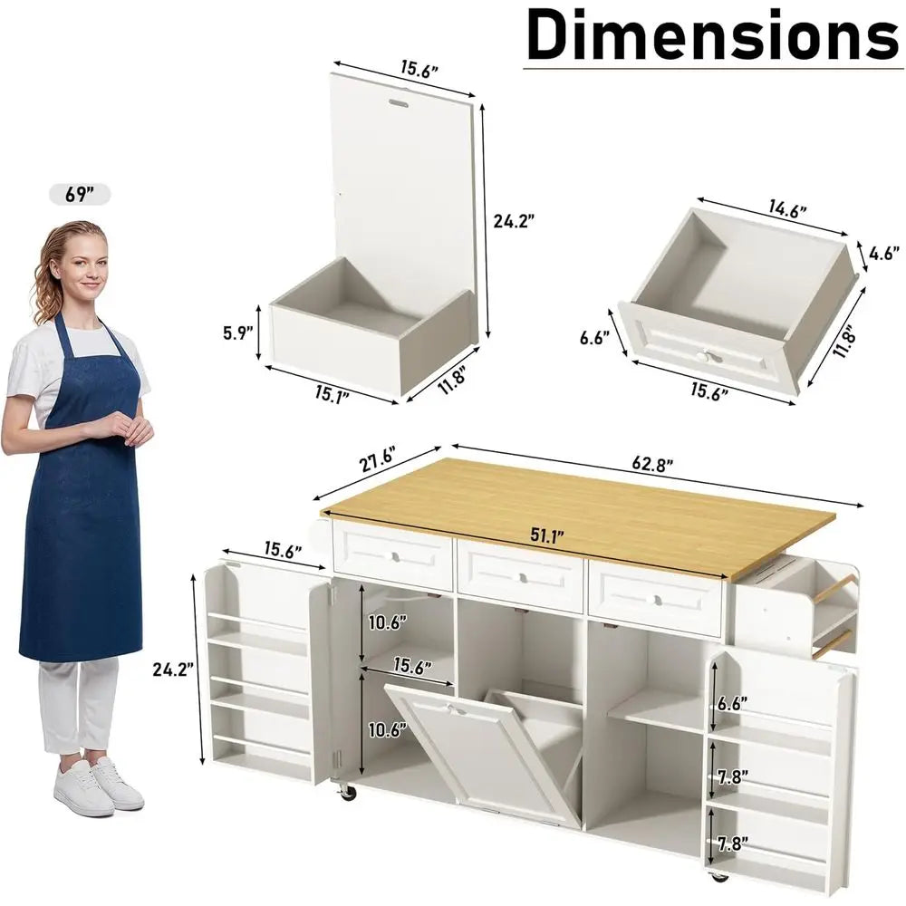 Mobile Kitchen Island Cart With Power Outlet Drop Leaf Storage