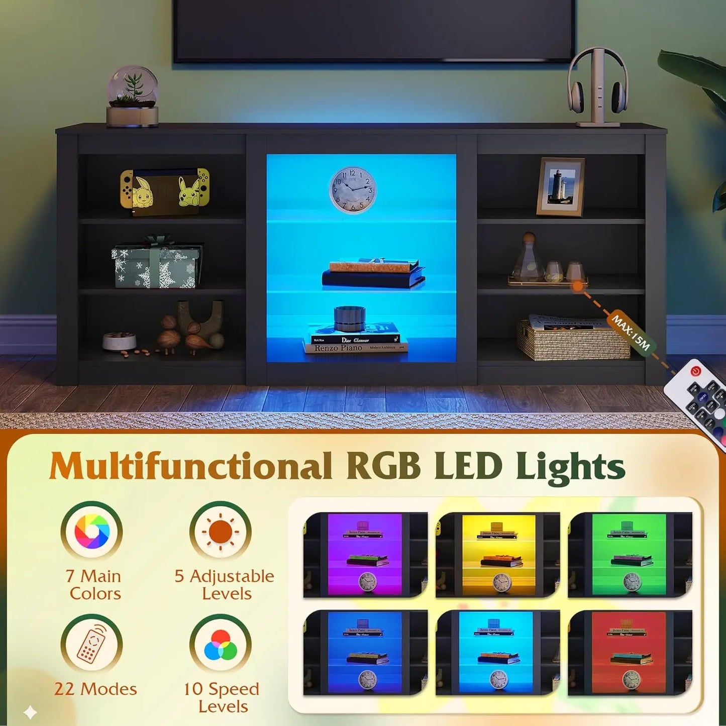 Modern TV Stand With Adjustable Shelves And RGB LED Lighting