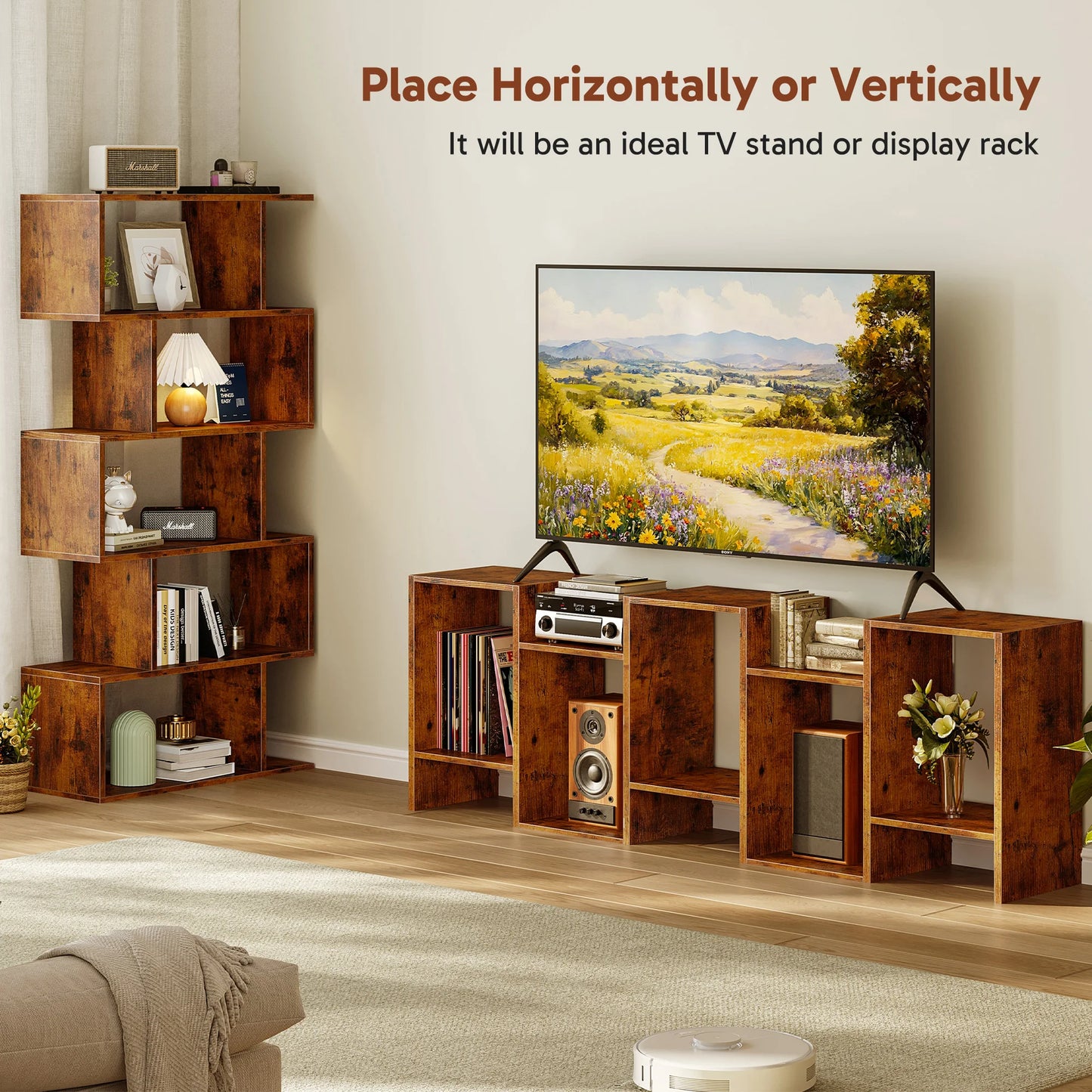 JHK Five Tier S Shaped Geometric Wooden Bookcase Display Shelf