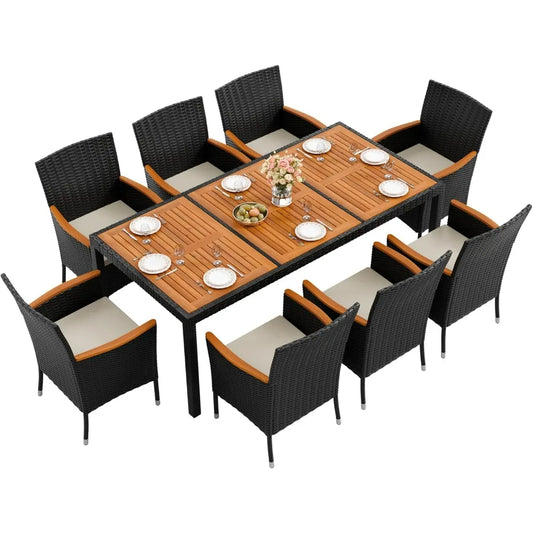 Acacia Wood Patio Dining Set With Cushions And Wicker Outdoor Furniture
