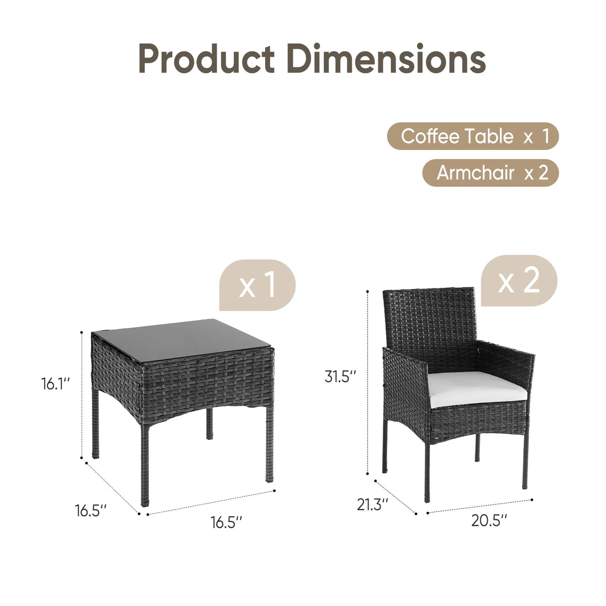 JHK Three Piece Outdoor Wicker Patio Bistro Set With Cushions