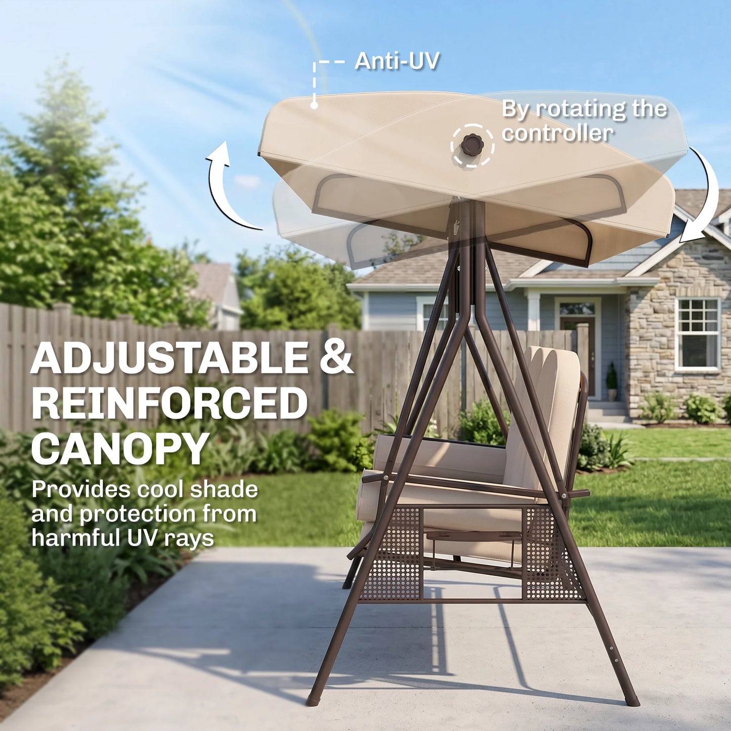 Three Person Outdoor Patio Canopy Cushioned Bench Swing