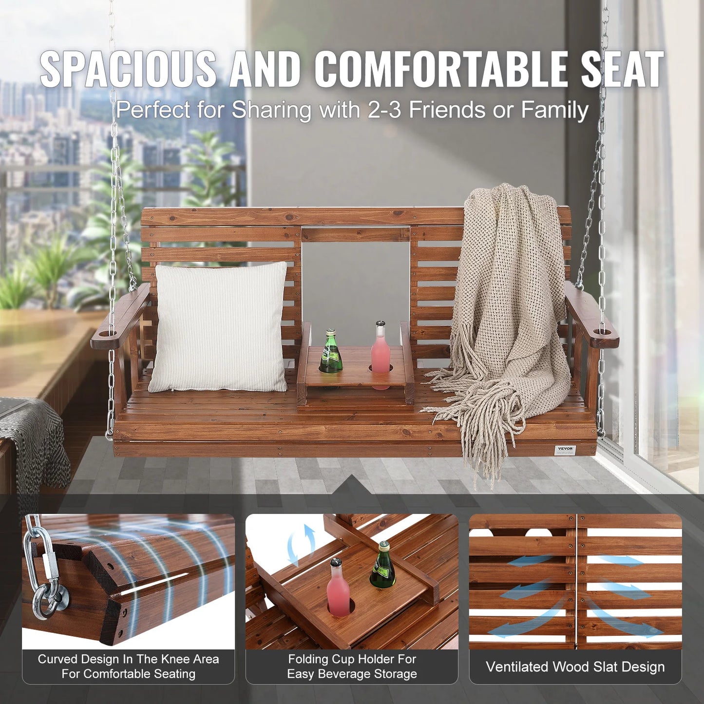 SucceBuy Wooden Porch Swing Outdoor Patio Bench With Load Capacity