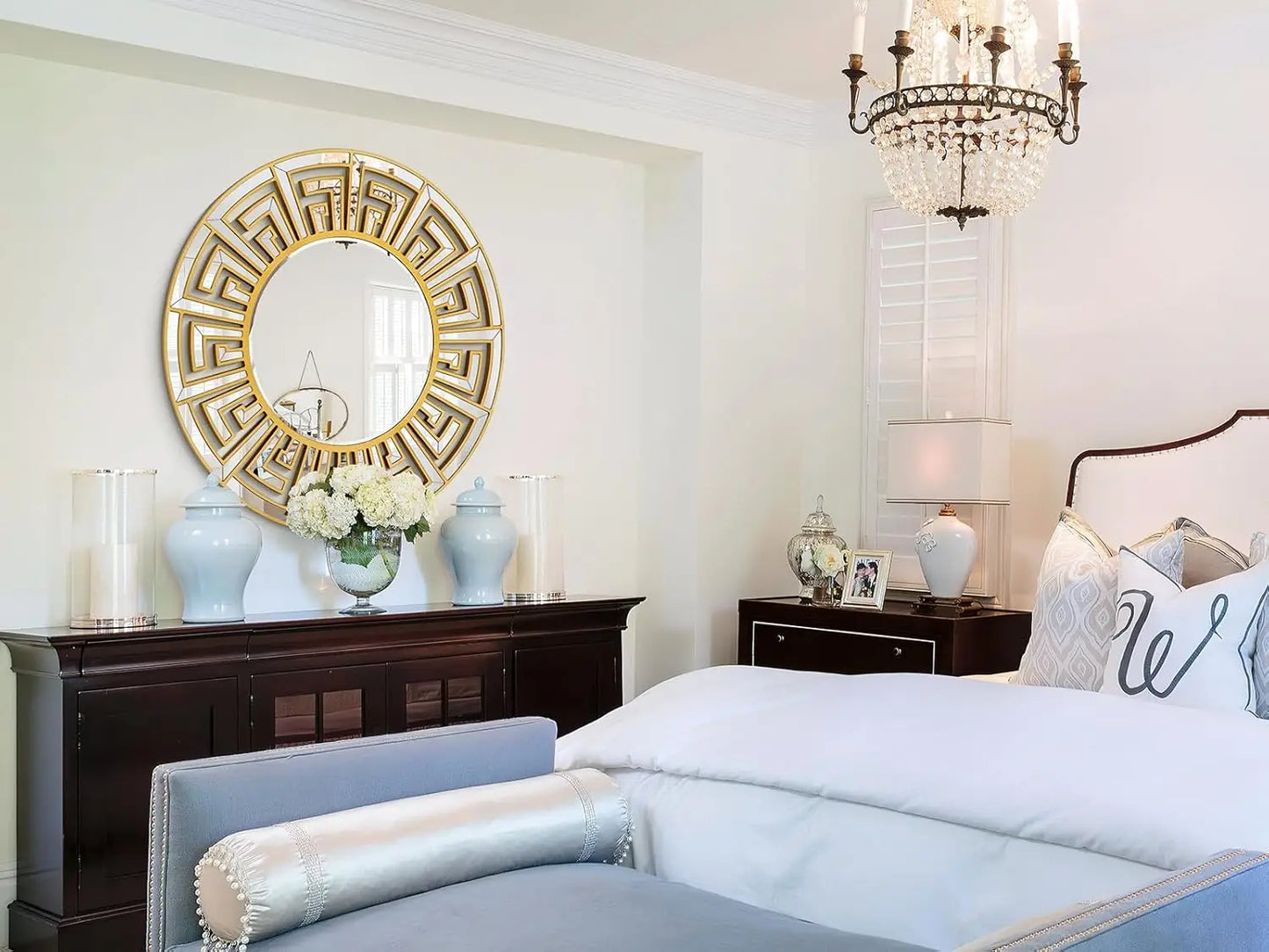 Round Wall Mirror Geometric Pattern Beveled Edge