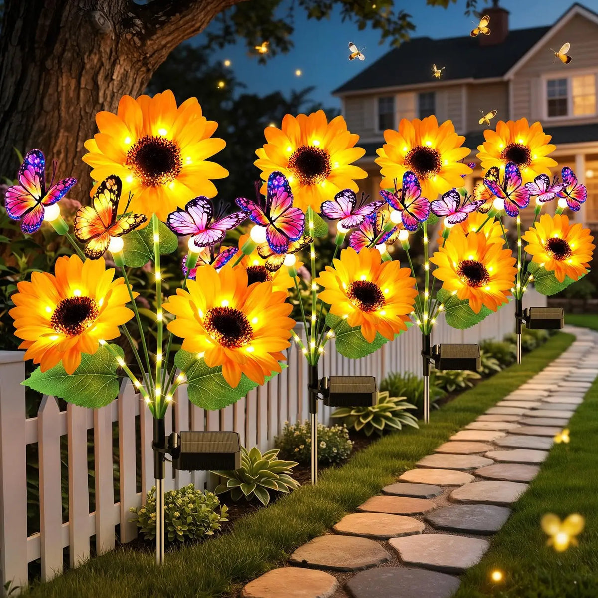 Solar Sunflower Garden Lights Four Pack Butterflies Outdoor Decor