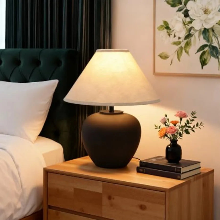 Ceramic Pot Table Lamp With Frosted Shade Nightstand