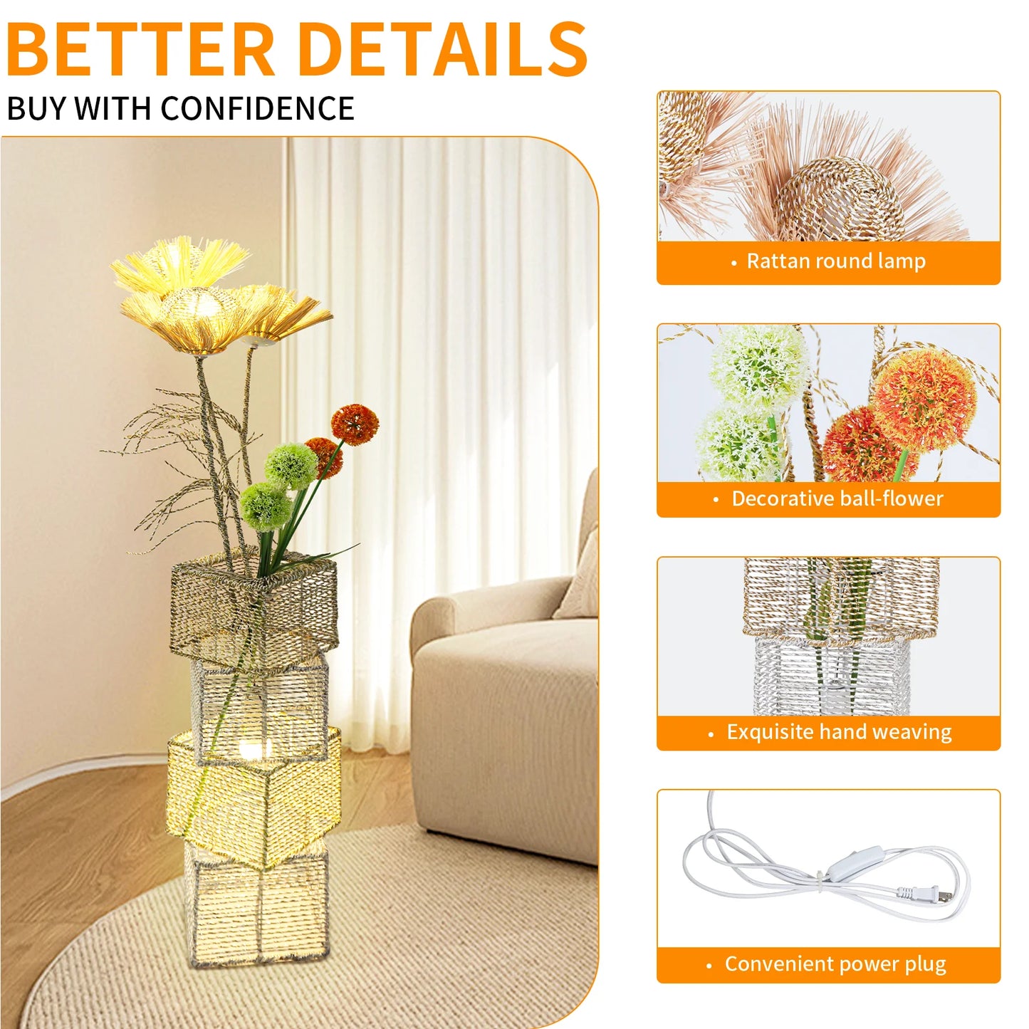 Modern Rattan Floor Lamp With Dimmable LED Night Light