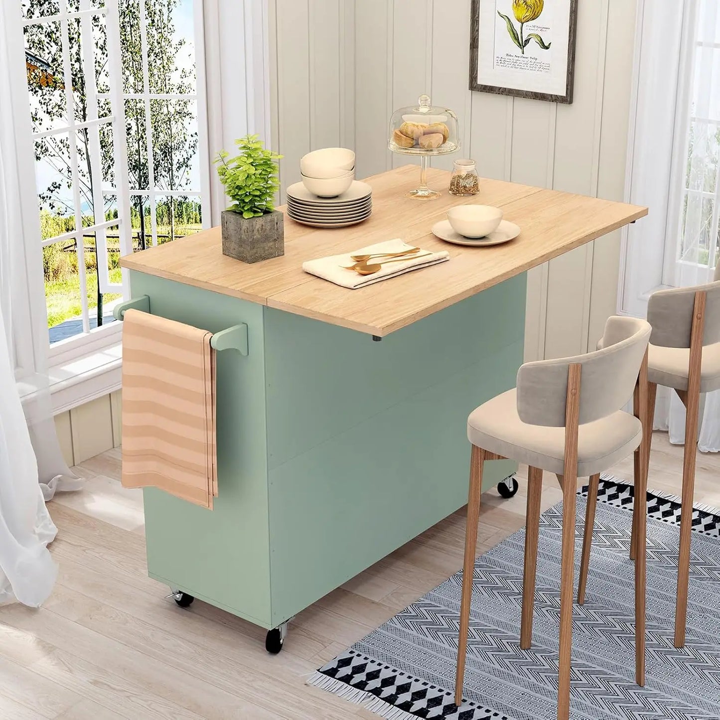 Kitchen Island With Storage And Drop Leaf Countertop On Wheels