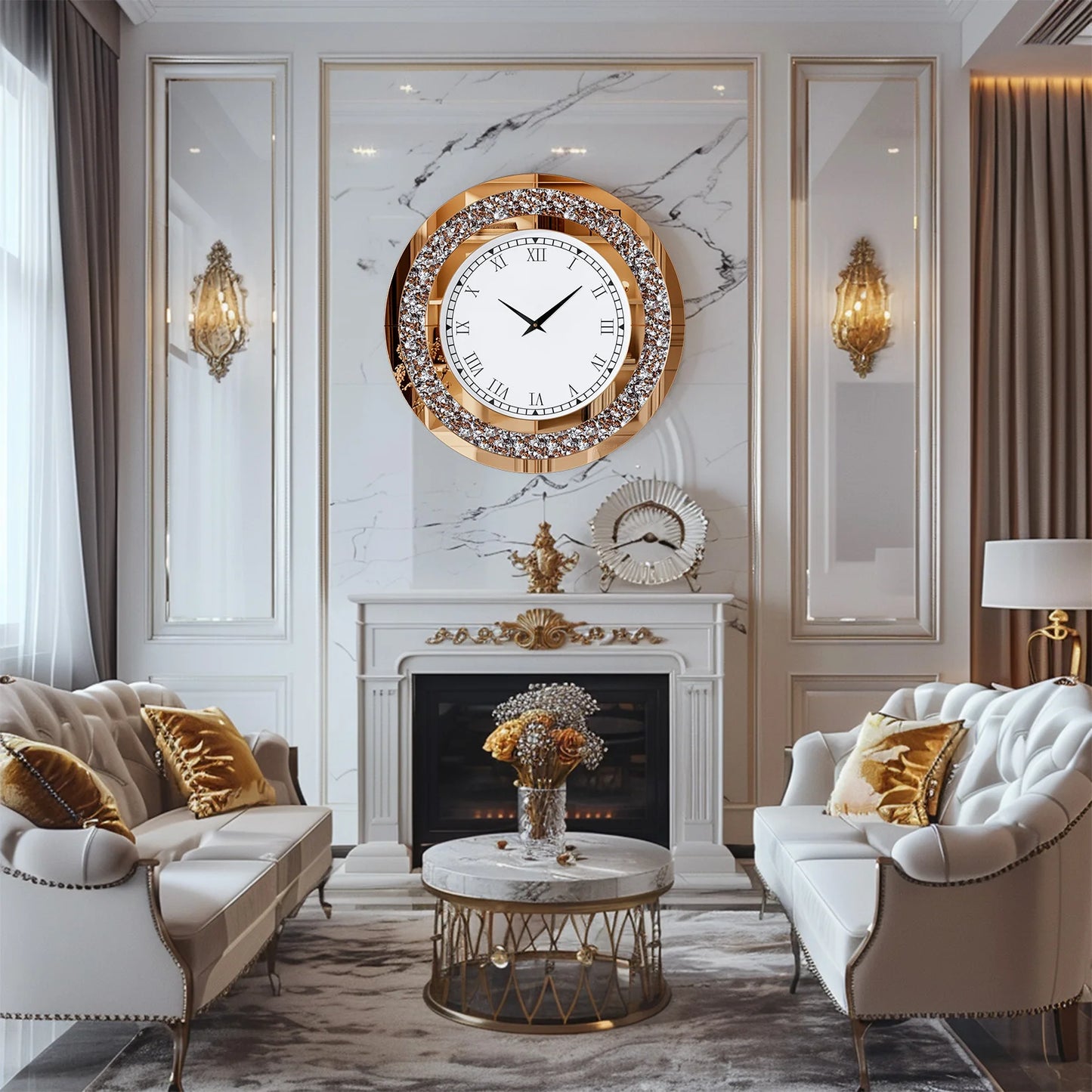 Round Mirror Clock With Crystal Sparkle Accents For Living Room