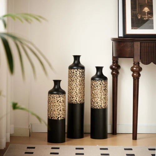 Modern Gold Leaf Pattern Metal Floor Vases Set Home Decor