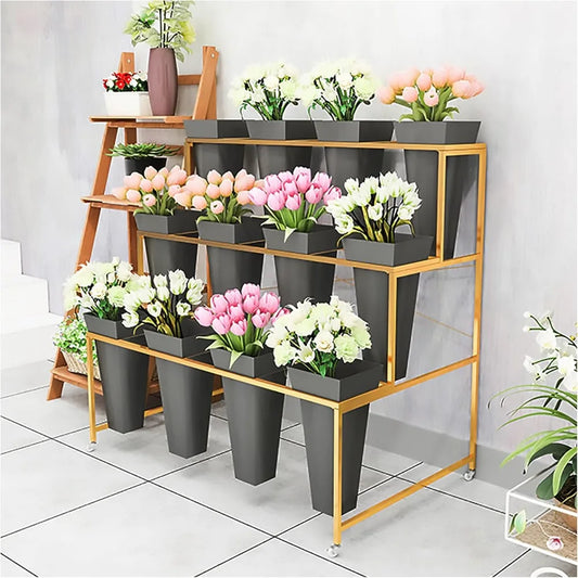RBXC 3-Tier Metal Flower Stand With Buckets And Wheels